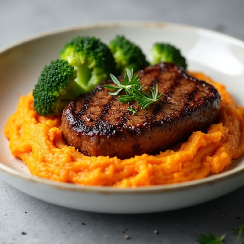 Seared Lean Beef with Roasted Broccoli and Sweet Potato Mash