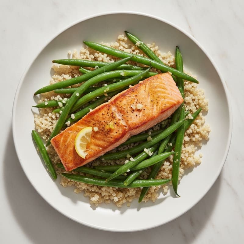 Seared Salmon Fillet with Garlic Green Beans and Quinoa