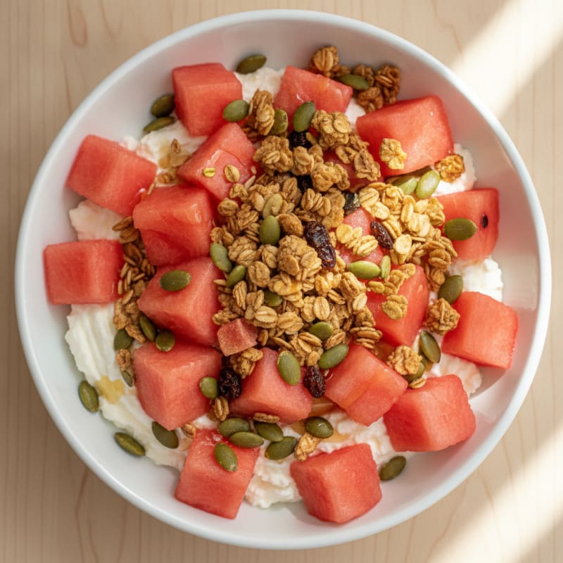 Cottage Cheese Yogurt Bowl with Watermelon, Pumpkin Seeds and Gluten-Free Granola