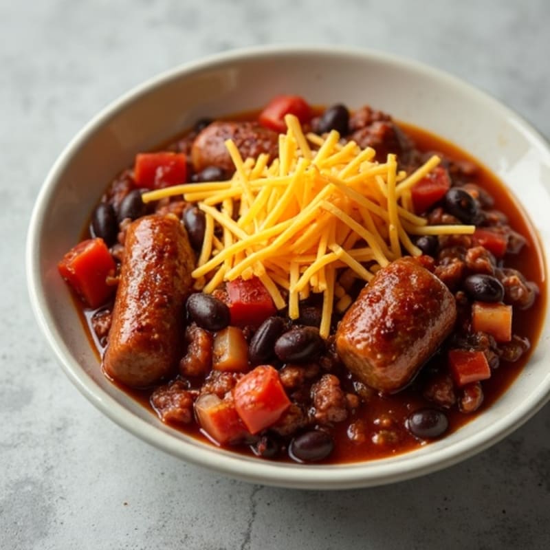 Lean Turkey Sausage with Hearty Beef and Bean Chili and Sharp Cheddar
