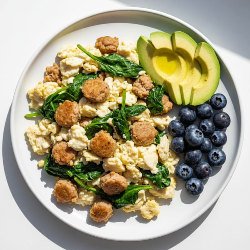 Scrambled Egg Whites with Turkey Sausage and Sautéed Spinach