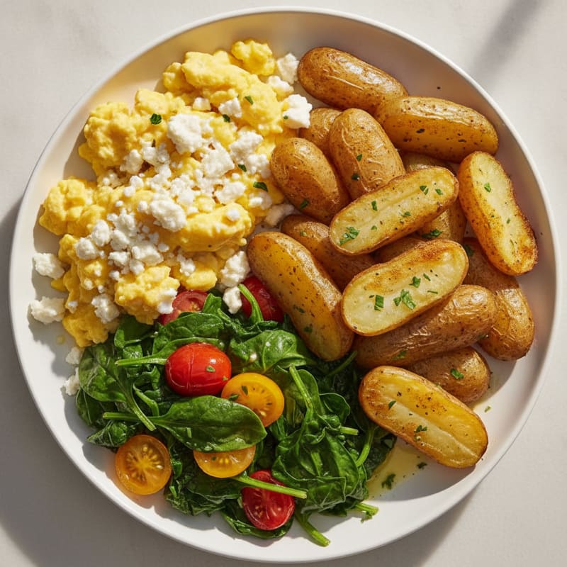 Scrambled Eggs with Roasted Fingerling Potatoes and Sautéed Spinach