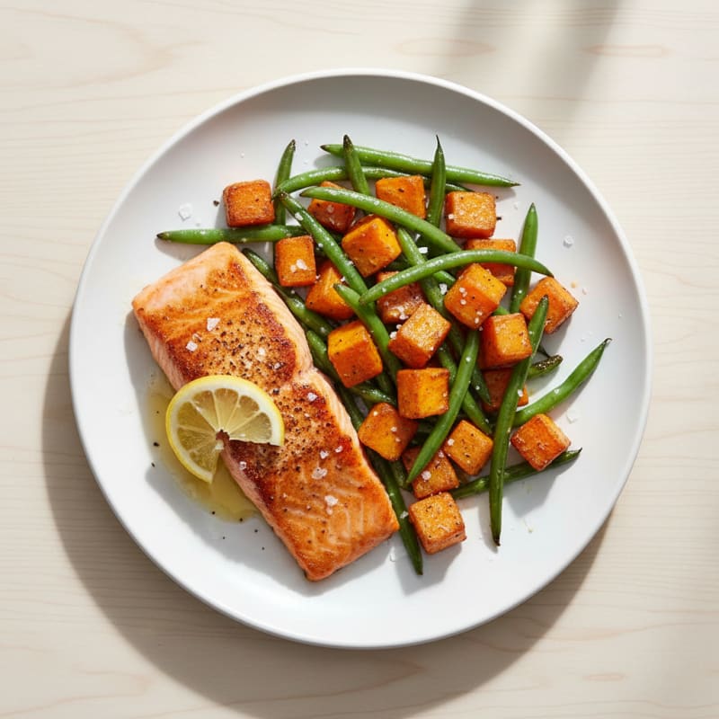 Seared Salmon with Roasted Sweet Potatoes and Green Beans