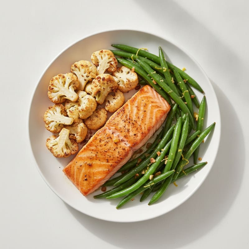 Seared Salmon Fillet with Roasted Cauliflower and Green Beans