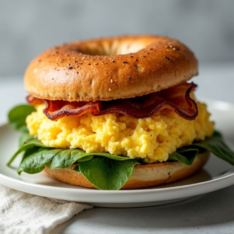 Whole Wheat Bagel with Creamy Scrambled Eggs, Crispy Turkey Bacon, and Fresh Spinach