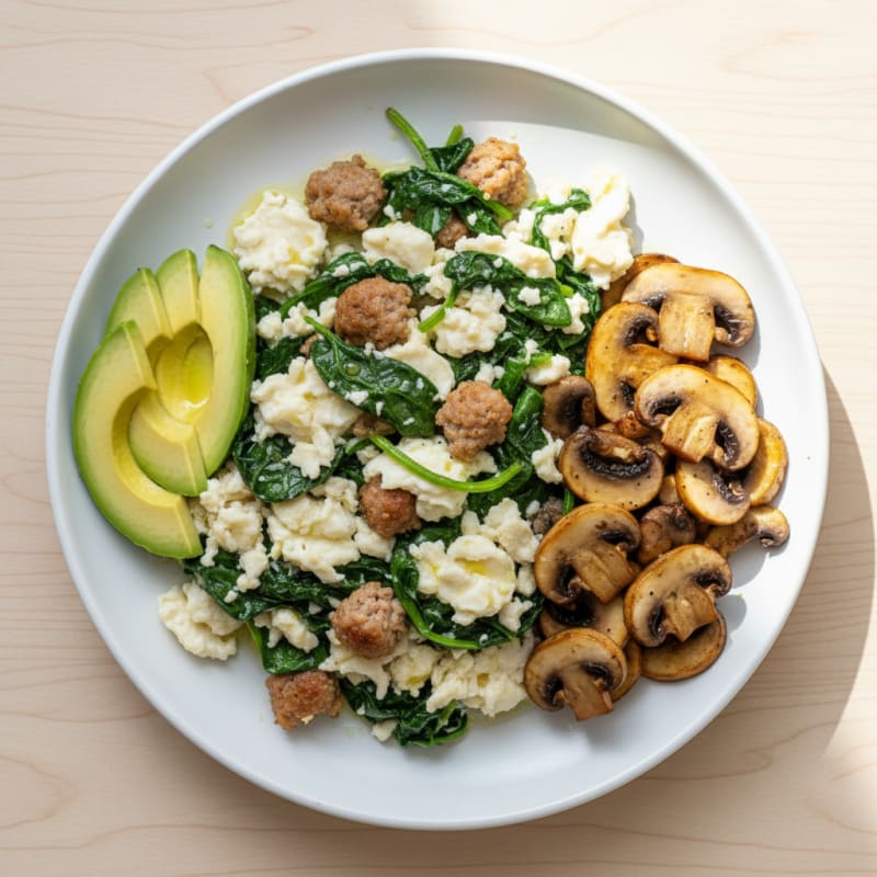 Egg White Spinach Scramble with Turkey Sausage and Sautéed Mushrooms