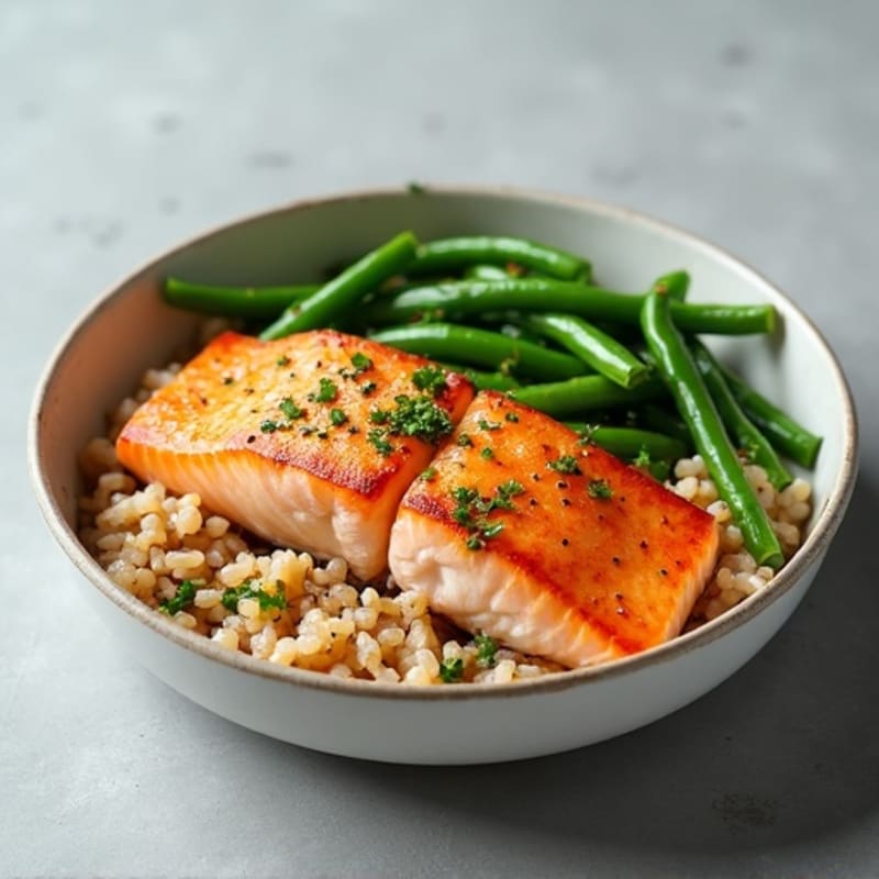 Seared Salmon Fillet with Garlic Green Beans and Brown Rice