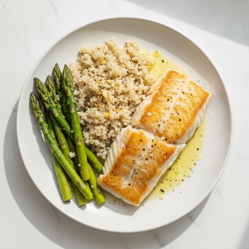 Pan-Seared Cod with Roasted Asparagus and Quinoa