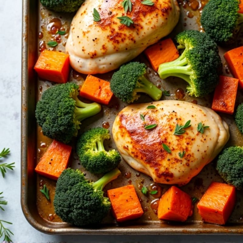 Sheet Pan Chicken and Roasted Sweet Potatoes with Crispy Broccoli