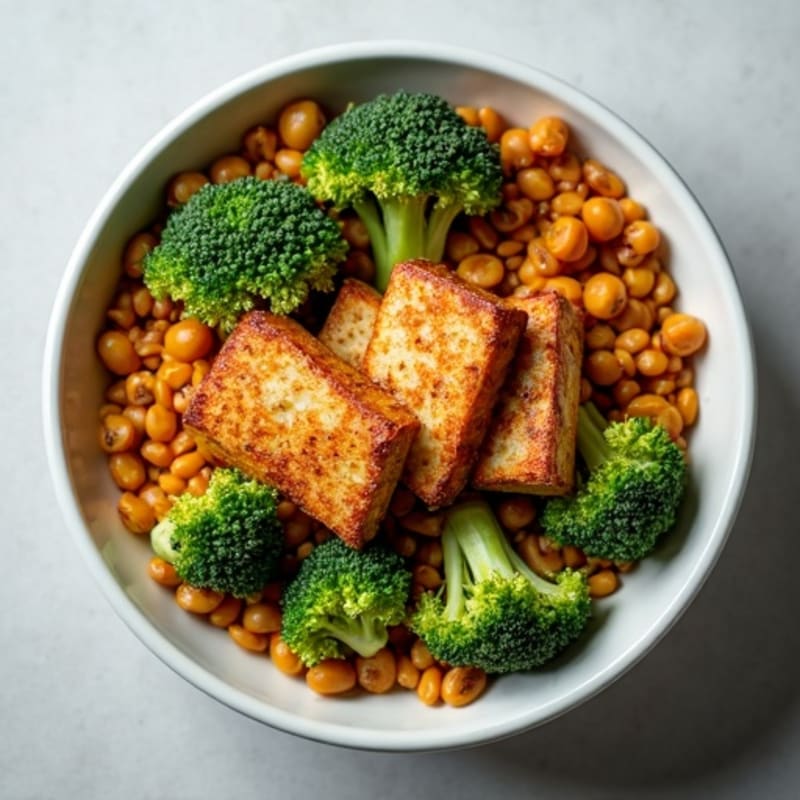 Crispy Tofu and Lentil Power Bowl with Roasted Broccoli