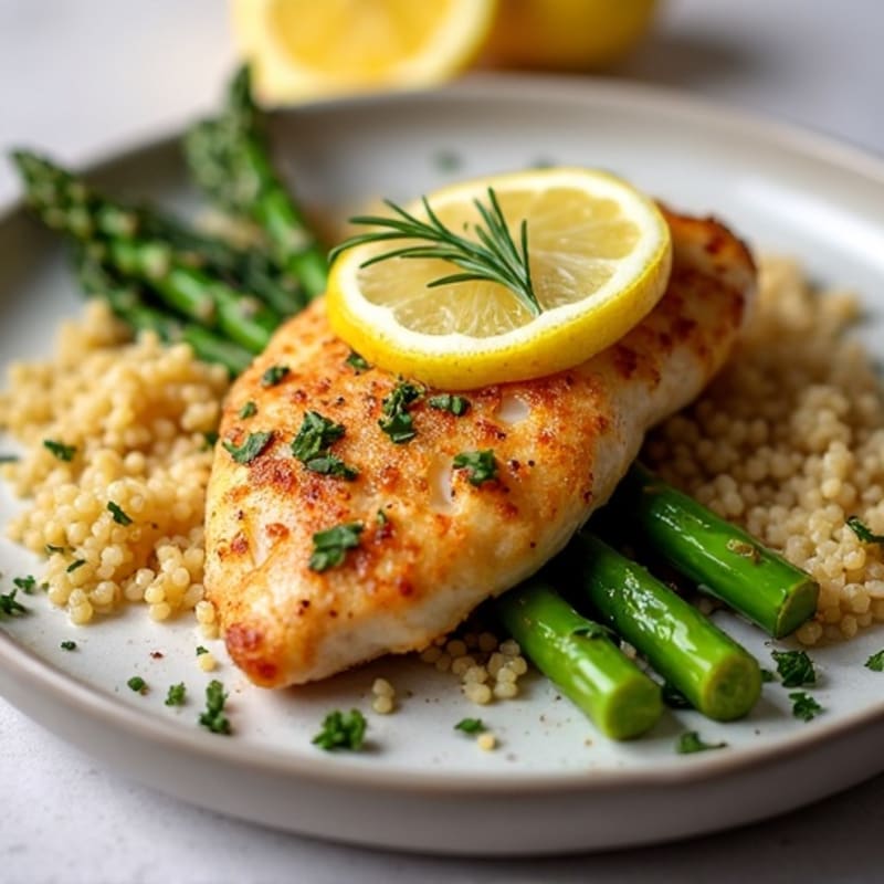 Crispy Lemon Herb Chicken with Roasted Asparagus and Quinoa
