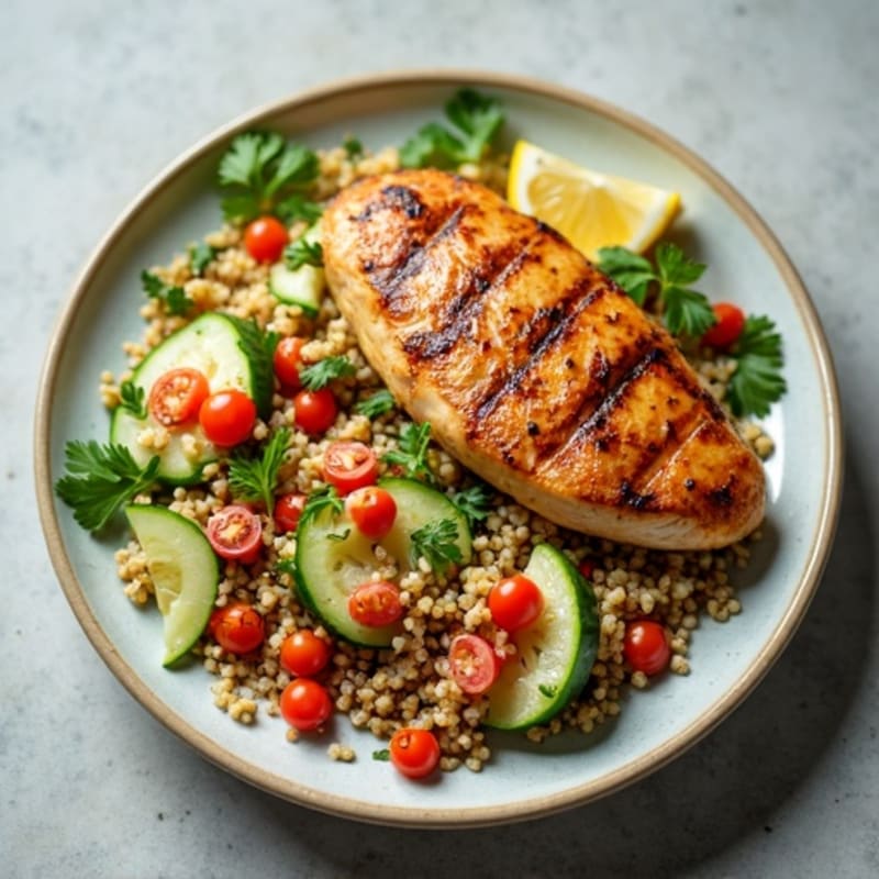 Grilled Chicken Breast with Quinoa Tabbouleh and Lemon Yogurt Sauce