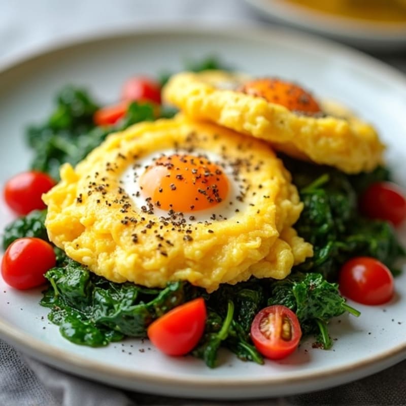 Fluffy Scrambled Eggs with Sautéed Spinach and Cherry Tomatoes