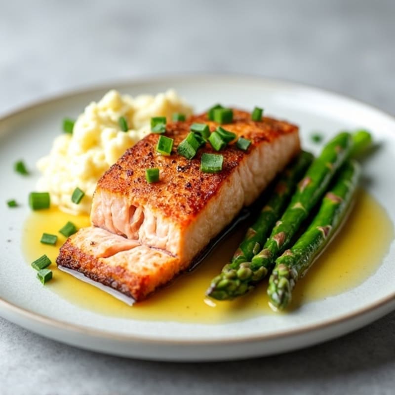 Seared Salmon Filet with Steamed Asparagus and Garlic Mashed Cauliflower