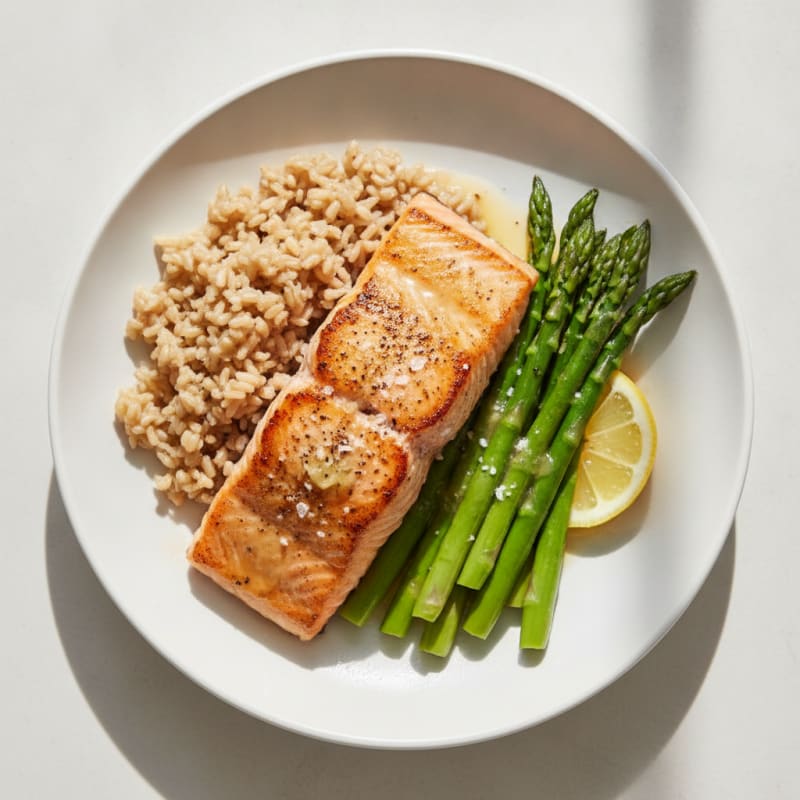 Seared Salmon Fillet with Steamed Asparagus and Brown Rice
