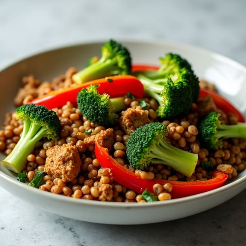 Lentil and Seitan Stir-Fry with Broccoli and Bell Pepper