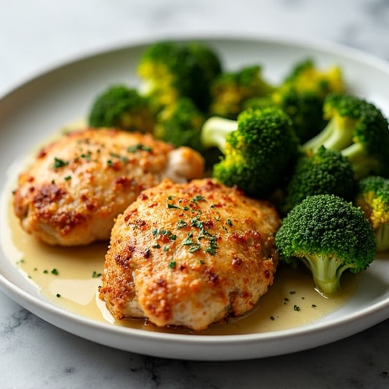 Crispy Lemon Garlic Roasted Chicken Thighs with Roasted Broccoli
