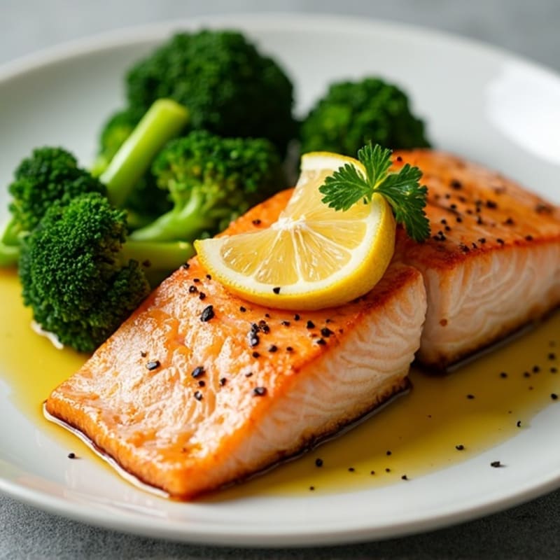 Seared Salmon with Steamed Broccoli and Lemon