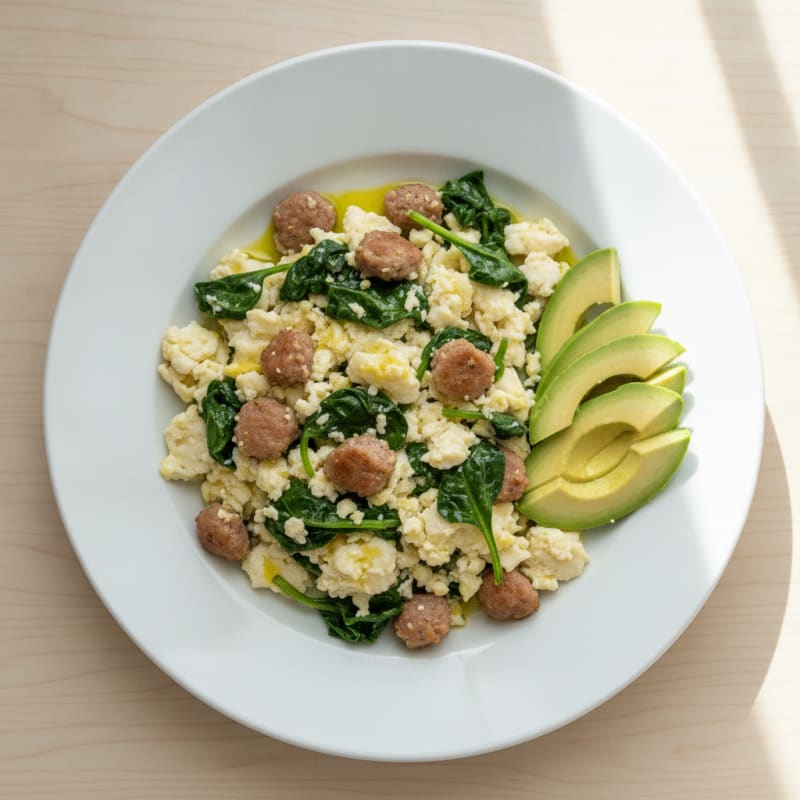 Egg White Scramble with Lean Turkey Sausage and Sautéed Spinach