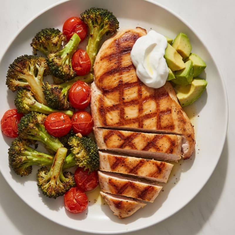 Grilled Chicken Breast with Roasted Broccoli and Cherry Tomatoes
