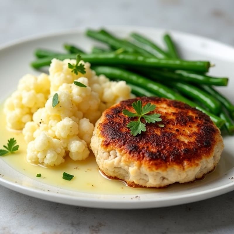 Seared Turkey Patties with Garlic Green Beans and Mashed Cauliflower