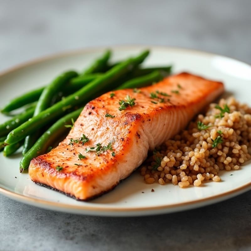 Seared Salmon Fillet with Steamed Green Beans and Brown Rice
