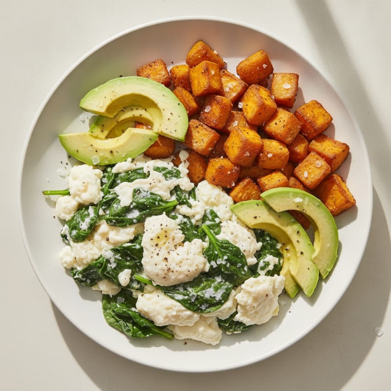 Egg White and Spinach Scramble with Roasted Sweet Potato