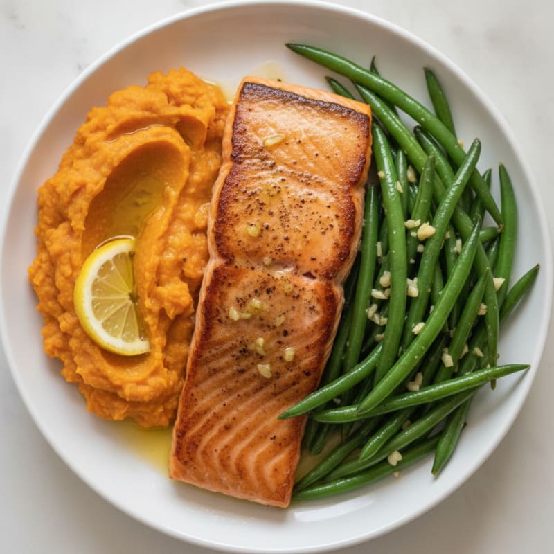 Seared Salmon with Garlic Green Beans and Sweet Potato Mash