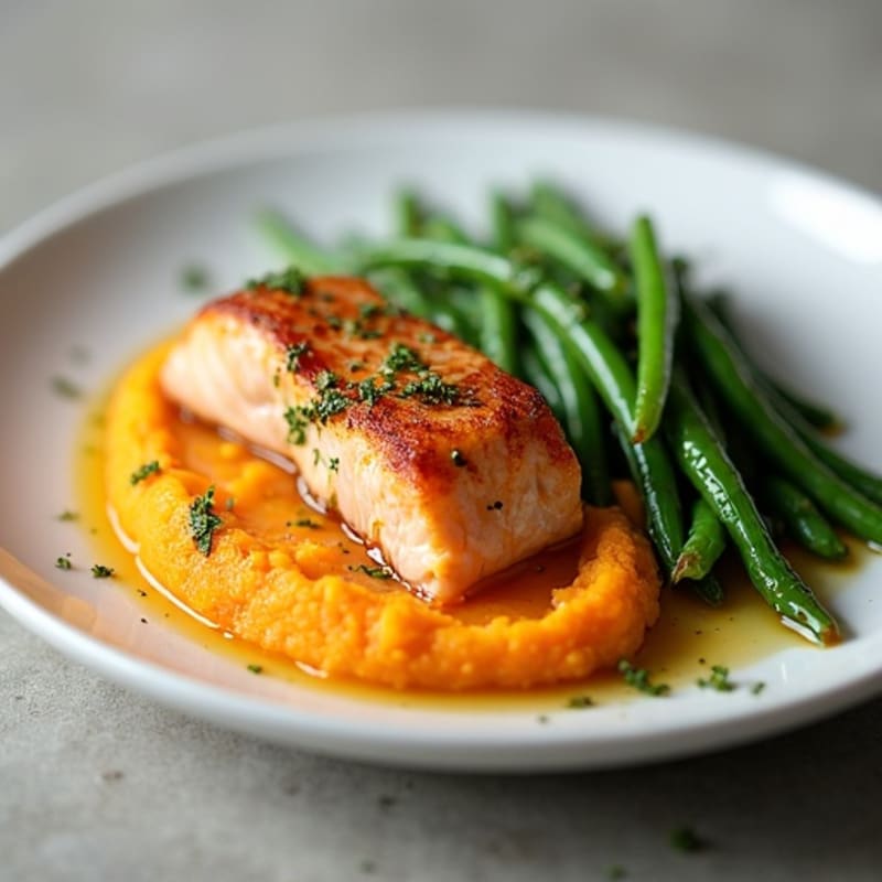 Seared Salmon with Garlic Green Beans and Sweet Potato Mash