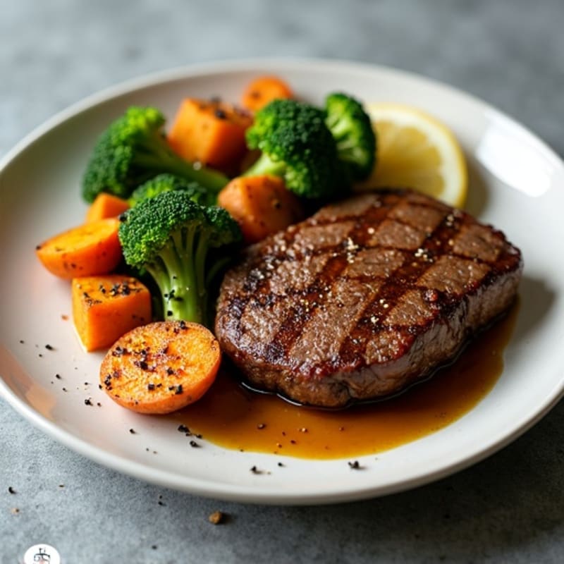 Seared Steak with Roasted Sweet Potatoes and Steamed Broccoli