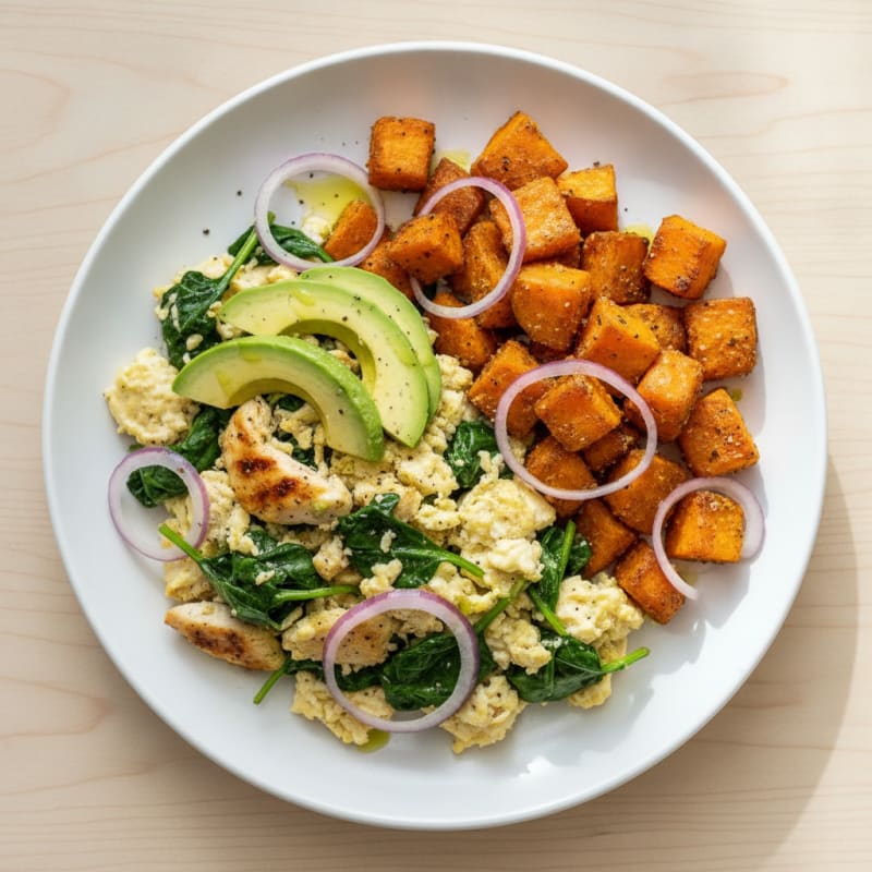 Chicken and Spinach Egg White Scramble with Roasted Sweet Potatoes