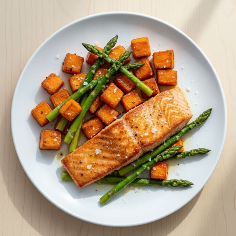 Seared Salmon with Roasted Sweet Potato and Asparagus