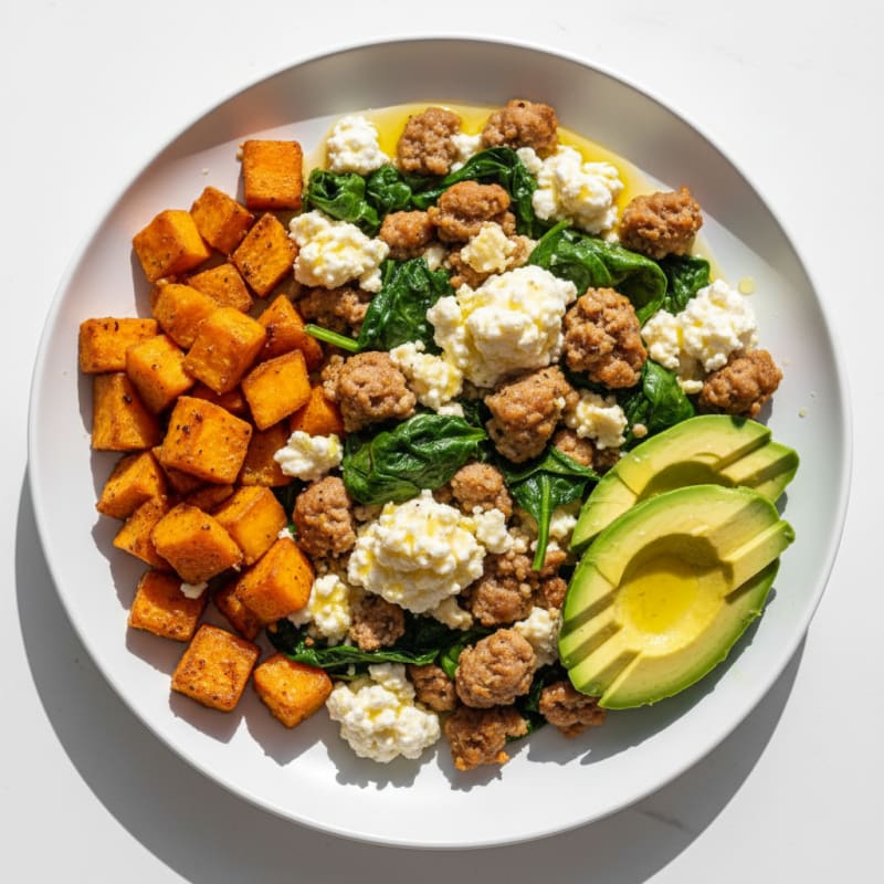 Egg White and Turkey Sausage Scramble with Cottage Cheese and Sautéed Spinach