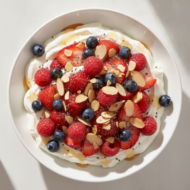 Silky Protein Yogurt Bowl with Mixed Berries and Almonds