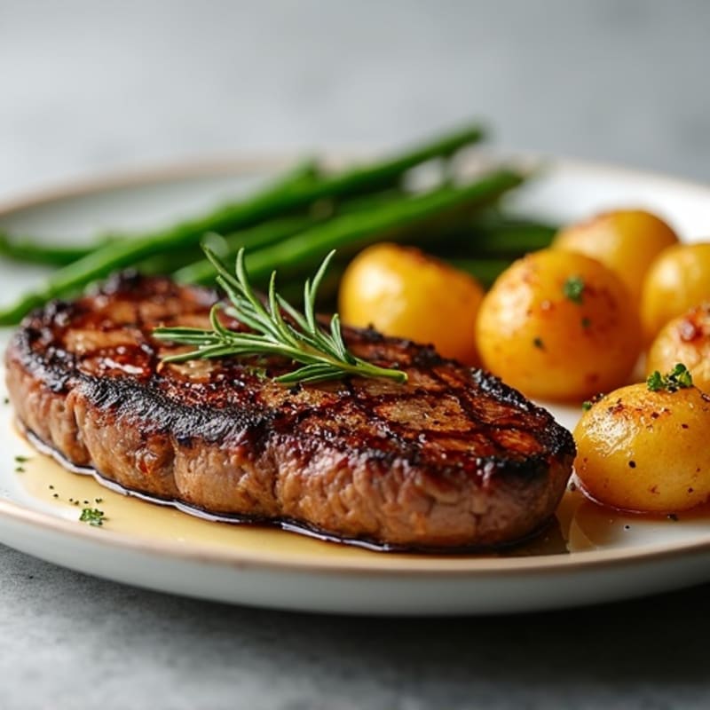 Pan-Seared Steak with Crispy Garlic Roasted Potatoes and Roasted Green Beans