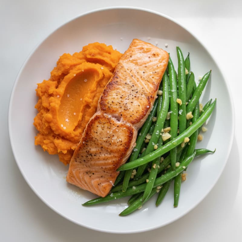 Seared Salmon with Garlic Green Beans and Sweet Potato Mash