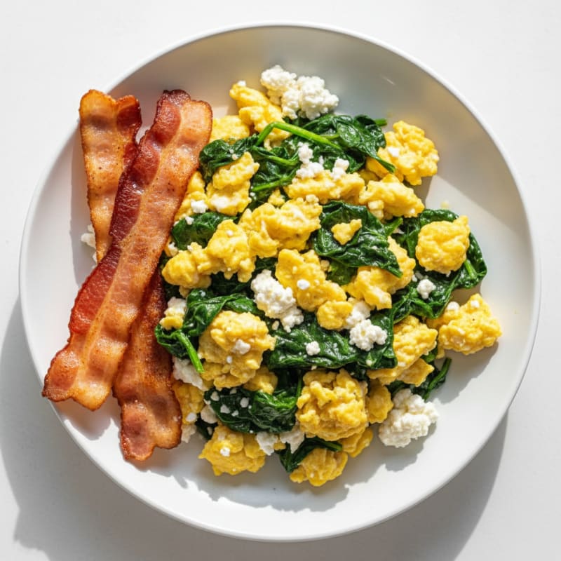Cottage Cheese Egg Scramble with Sautéed Spinach and Turkey Bacon