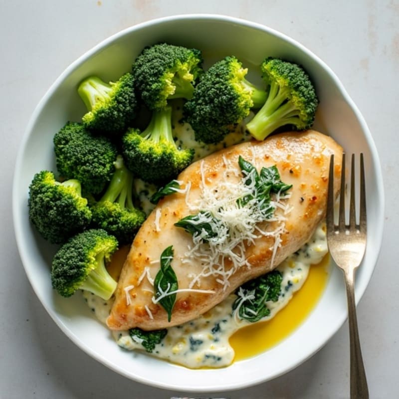 Creamy Spinach Artichoke Chicken with Roasted Broccoli