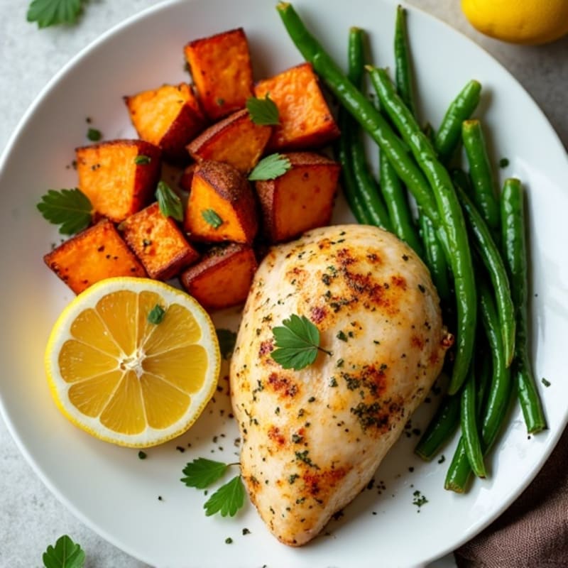 Sheet Pan Lemon Herb Chicken with Roasted Sweet Potatoes and Crispy Green Beans