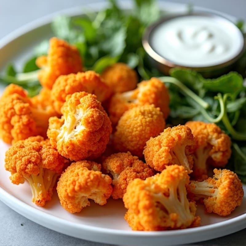 Crispy Buffalo Roasted Cauliflower with Creamy Yogurt Dip and Fresh Greens
