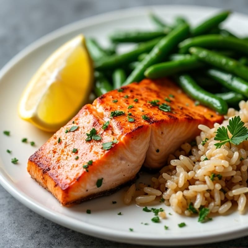 Seared Salmon Fillet with Garlic Green Beans and Brown Rice