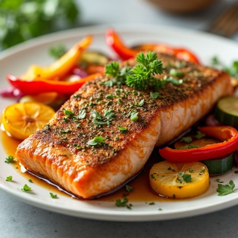 Crispy Sheet Pan Herb-Crusted Salmon with Roasted Rainbow Vegetables