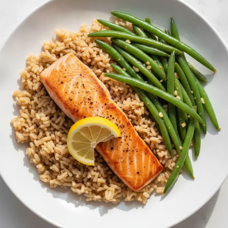 Seared Salmon with Garlic Green Beans and Brown Rice