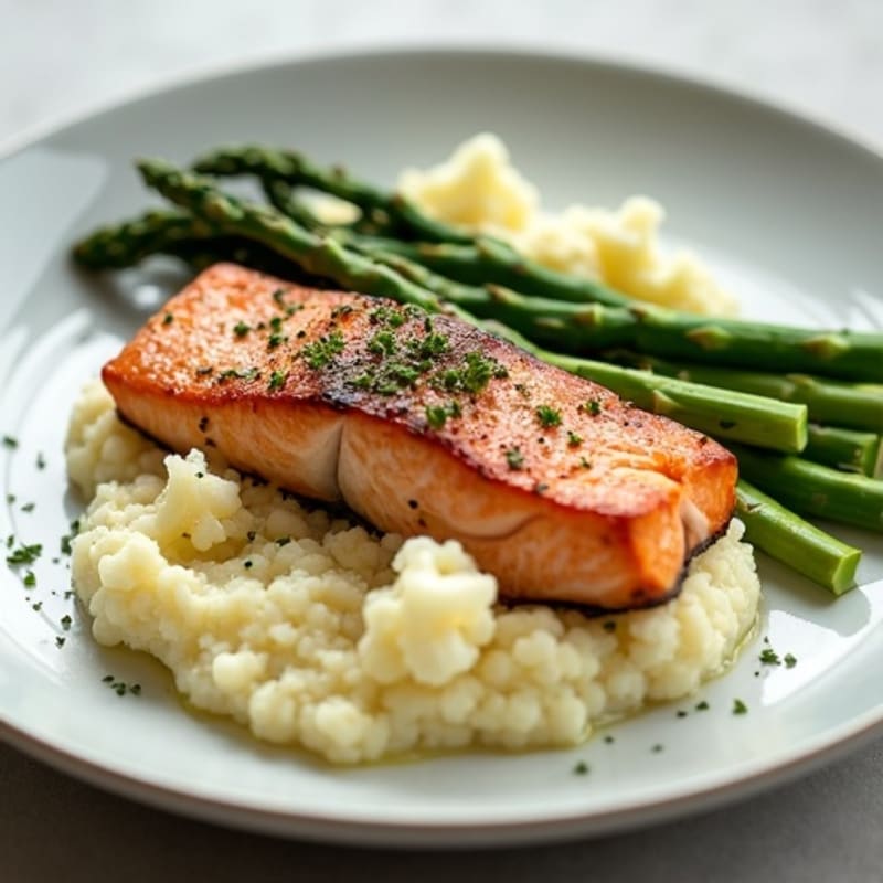 Seared Salmon with Steamed Asparagus and Cauliflower Mash