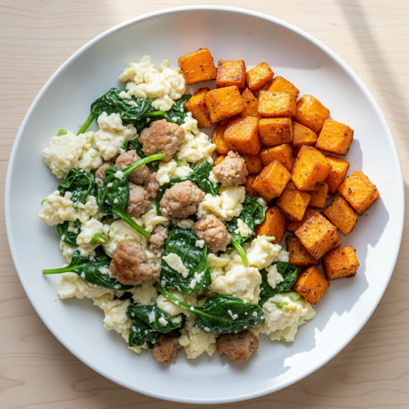 Egg White and Turkey Sausage Scramble with Spinach and Roasted Sweet Potato
