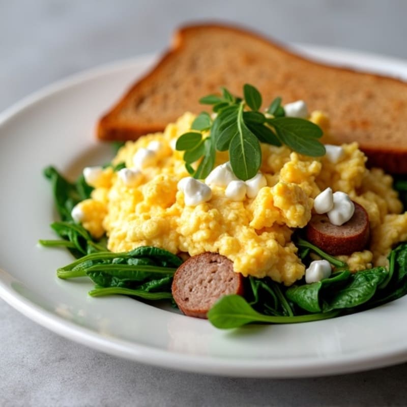 Egg White and Turkey Sausage Scramble with Spinach and Cottage Cheese