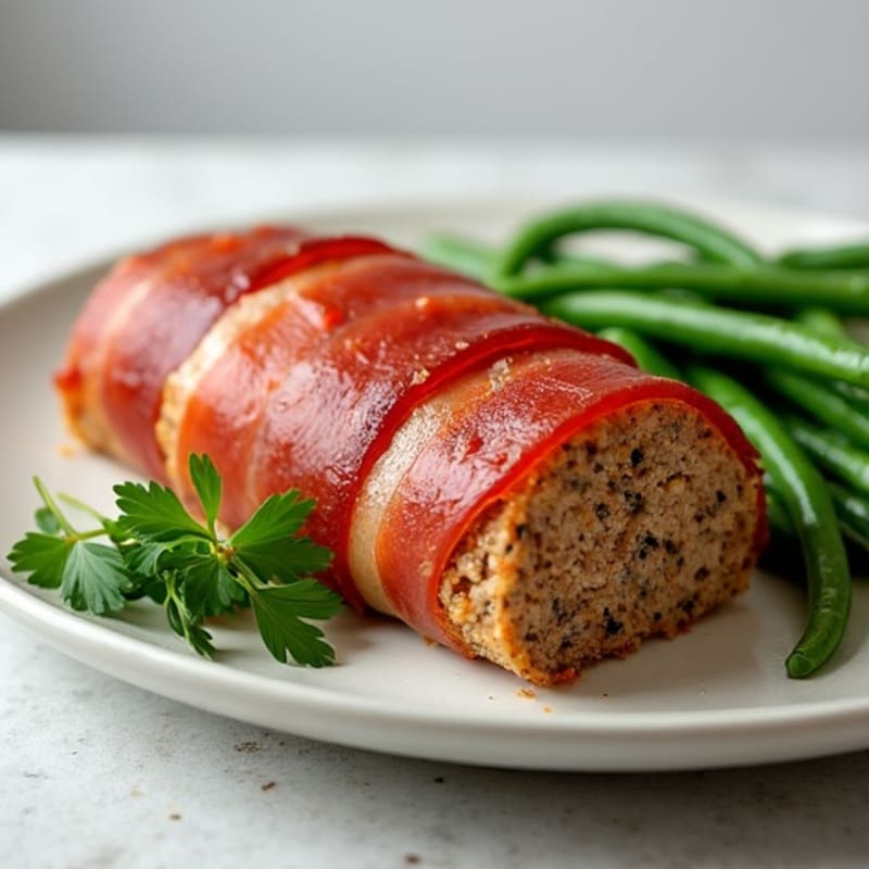 Crispy Prosciutto-Wrapped Lean Turkey Meatloaf Log with Roasted Green Beans
