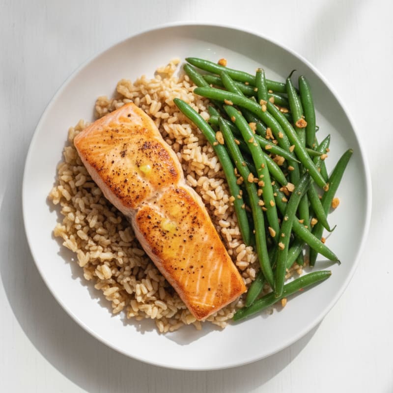 Seared Salmon with Garlic Green Beans and Brown Rice