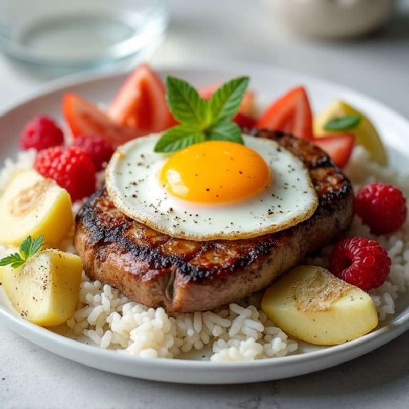 Seared Steak with Fluffy Rice, Sunny-Side Egg, and Fresh Fruit Medley