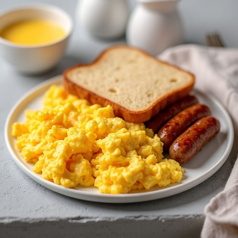 Scrambled Eggs with Turkey Sausage and Buttered Sourdough Toast